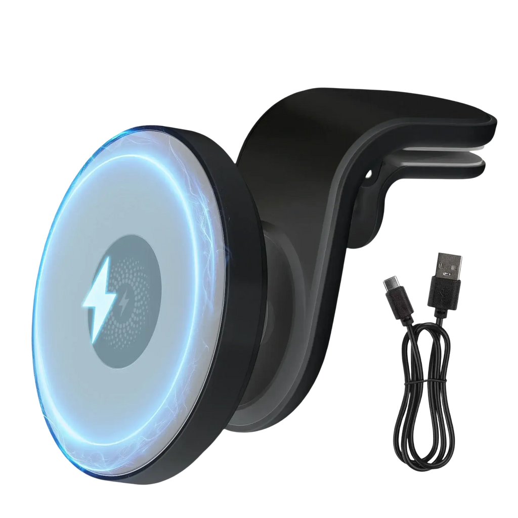 Black magnetic car wireless charger with fast charging glowing blue pad and usb cable for car wireless use