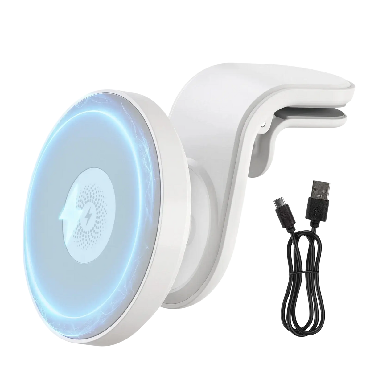 White magnetic car wireless charger with blue glowing fast charging pad and included usb-c cable for car use