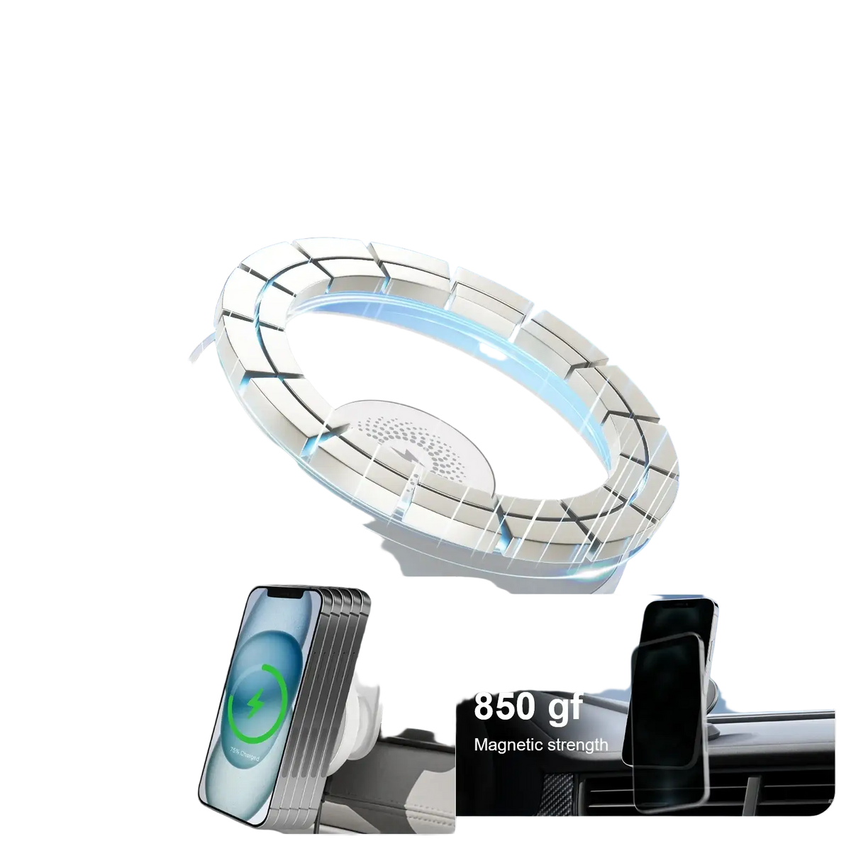 White circular magnetic car phone holder with segmented ring for fast charging wireless car wireless chargers mount