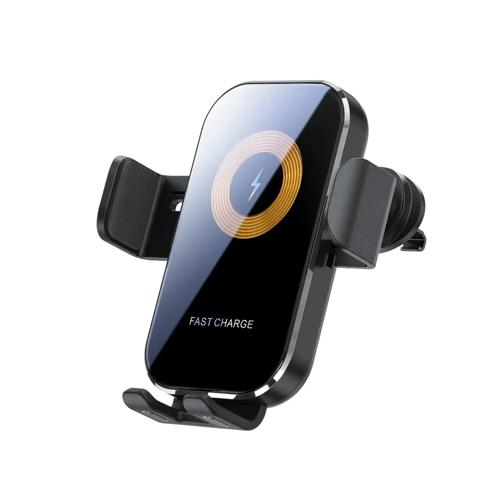 Black wireless car charger mount with sleek glossy finish and illuminated charging symbol for fast wireless charging