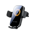 Black wireless car charger mount with sleek glossy finish and illuminated charging symbol for fast wireless charging