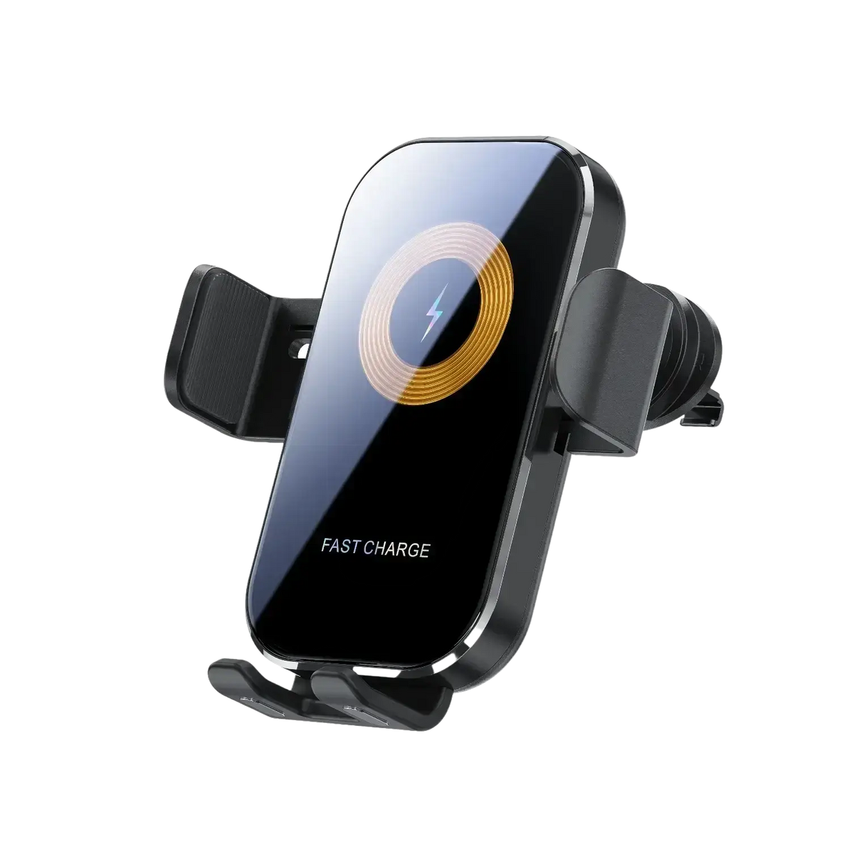 Black wireless car charger mount with fast charging and a glossy finish featuring an illuminated orange lightning bolt