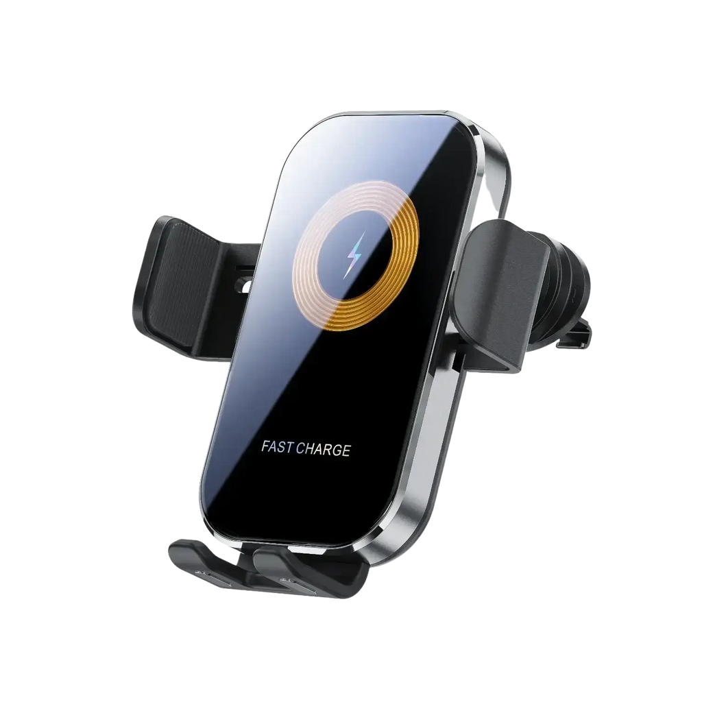 Black and silver wireless car charger mount with fast charging and illuminated orange lightning bolt symbol on screen