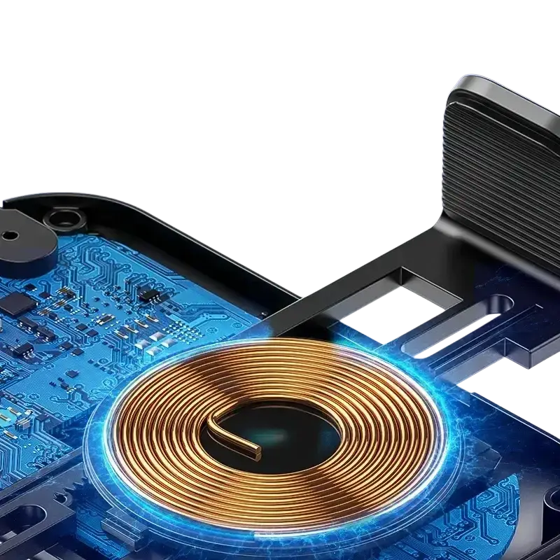 A sleek black wireless car charger mount with fast charging featuring a glowing blue wireless charging coil and circuit design