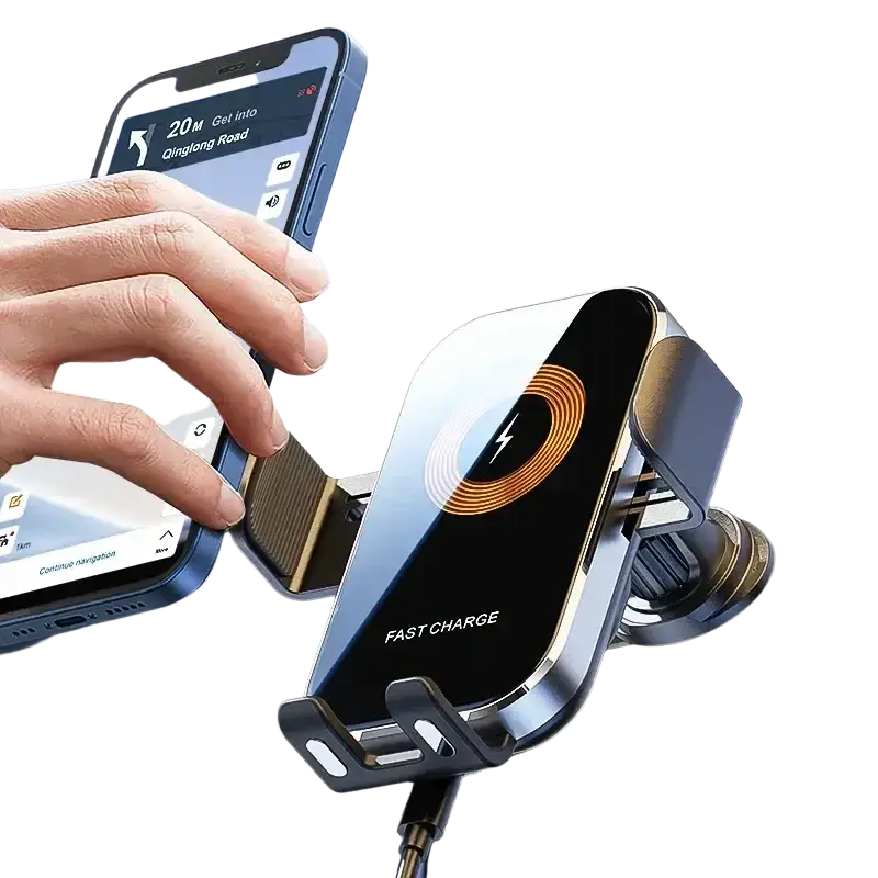 A sleek black and silver wireless car charger mount with fast charging and an illuminated orange charging navigation symbol