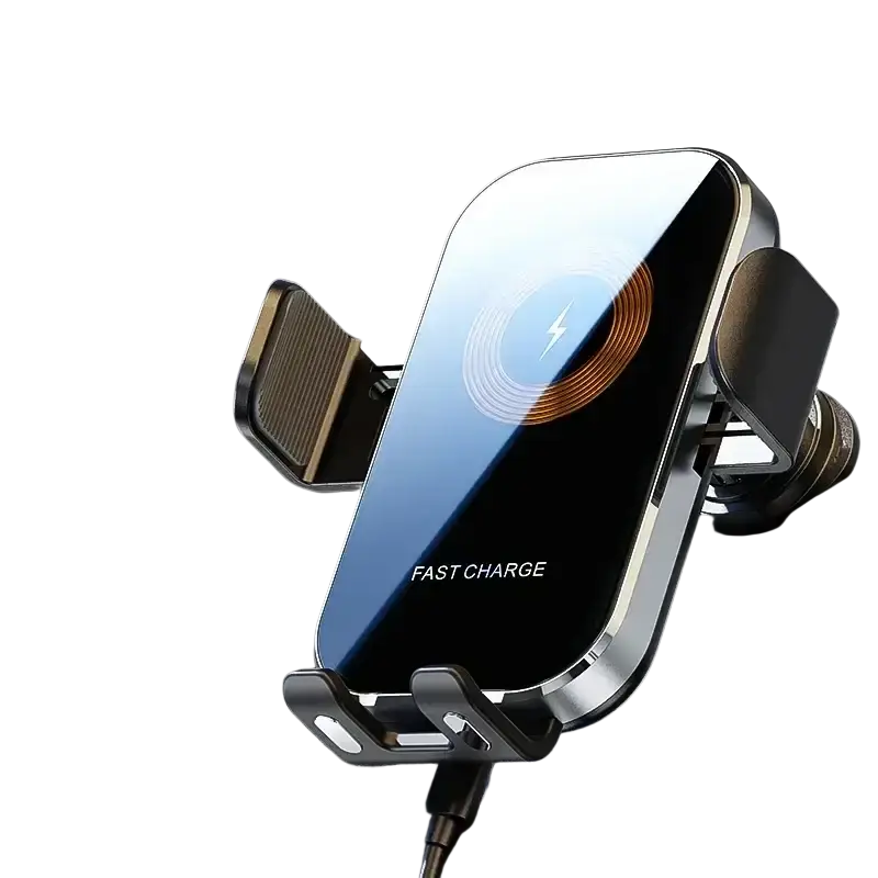 A sleek wireless car charger mount with glossy black and silver finish featuring illuminated fast charging symbol