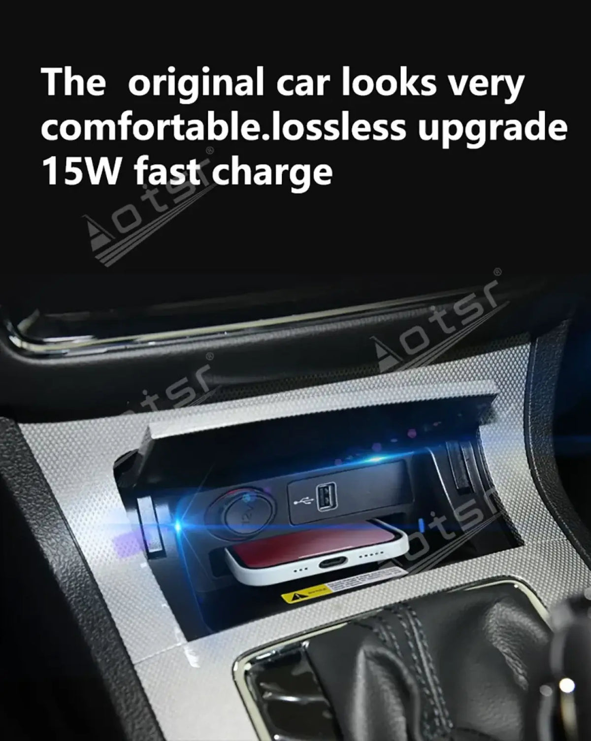 A sleek silver 15w wireless car charger pad with blue led illumination for Roewe New Energy 2016 2019 models