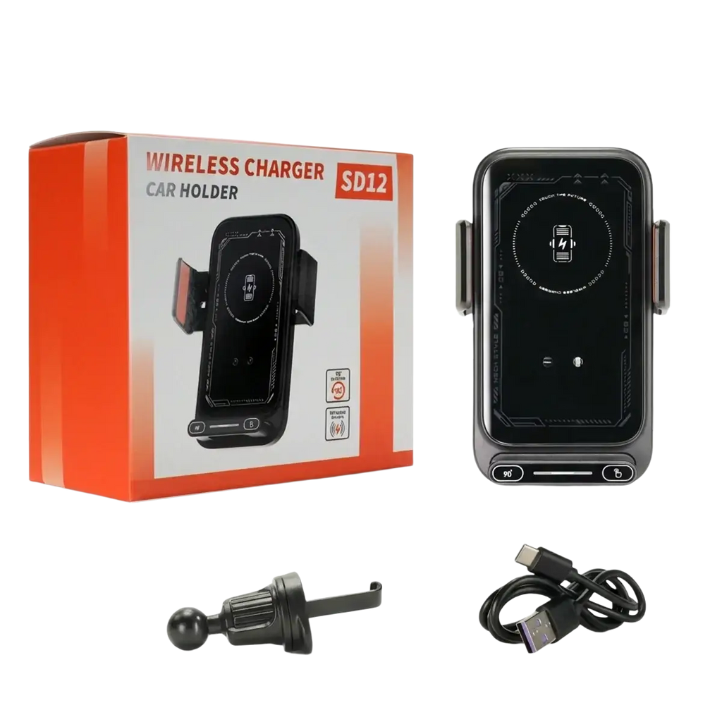 Black wireless car phone charger 15w mount with sleek modern design and built-in display screen for hands-free charging