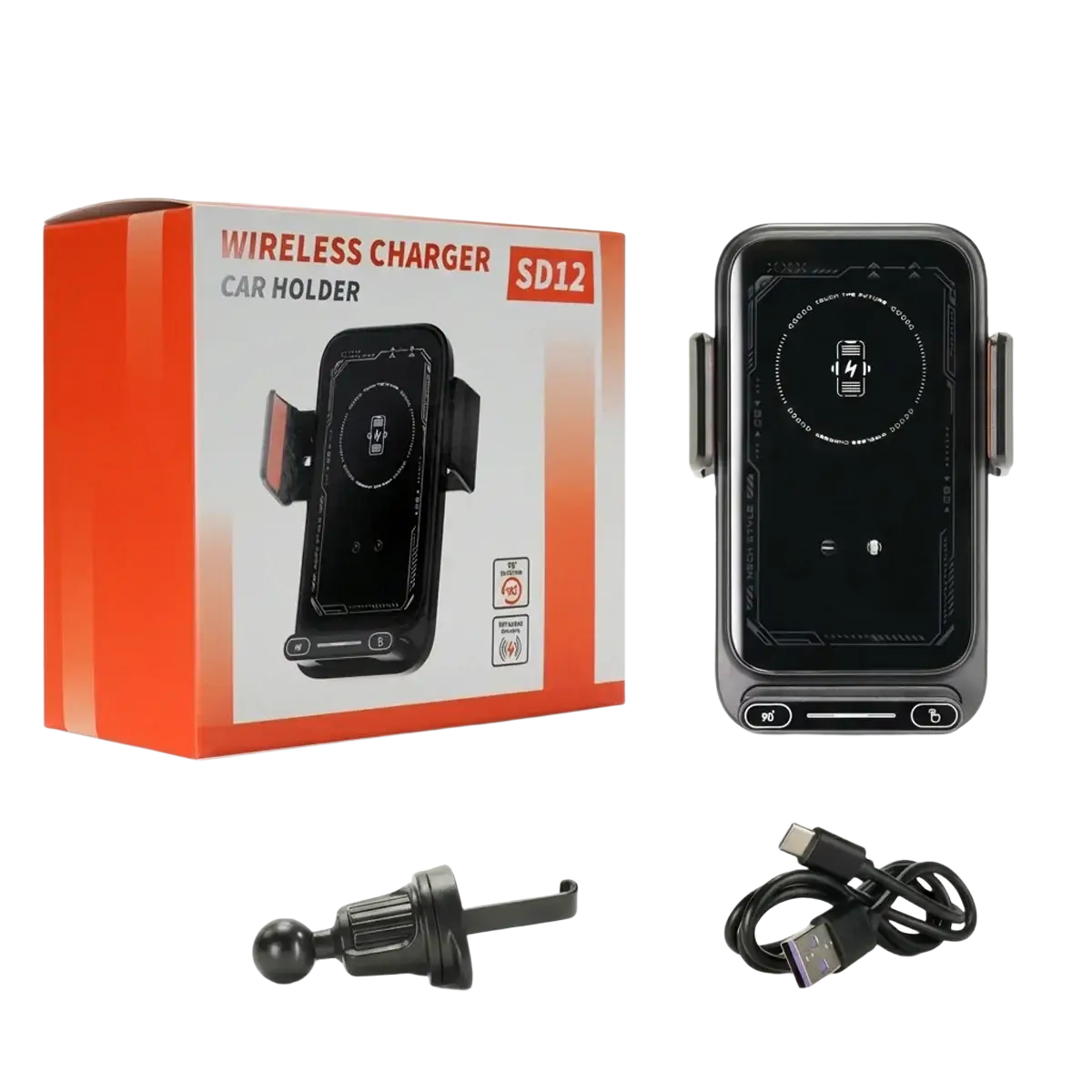 Black wireless car phone charger 15w mount with sleek modern design and built-in display screen for hands-free charging