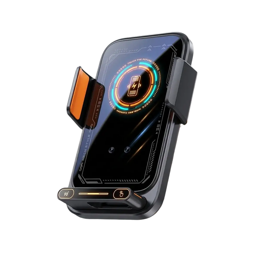 Black and orange mech style wireless car phone charger 15w mount with futuristic digital display