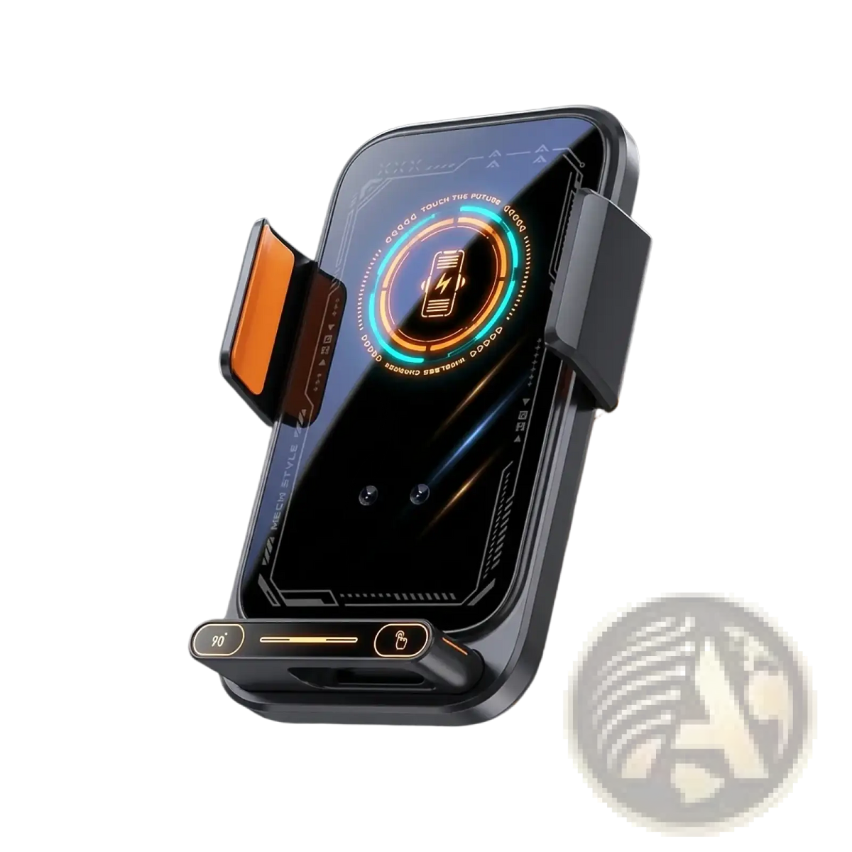 Black and orange mech style wireless car phone charger 15w mount with futuristic digital display