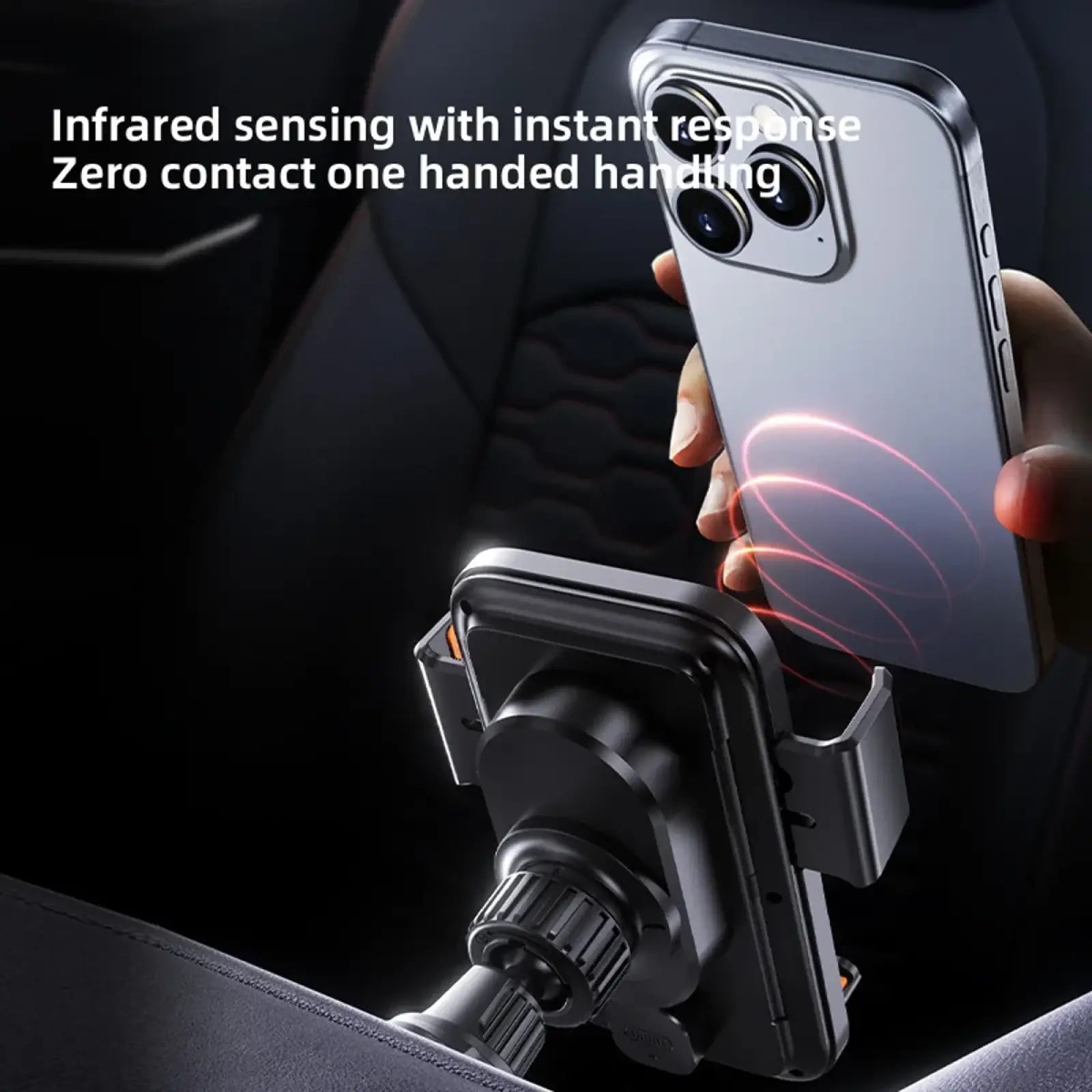 Silver iphone back with triple-camera system held above a black wireless car phone charger 15w mount