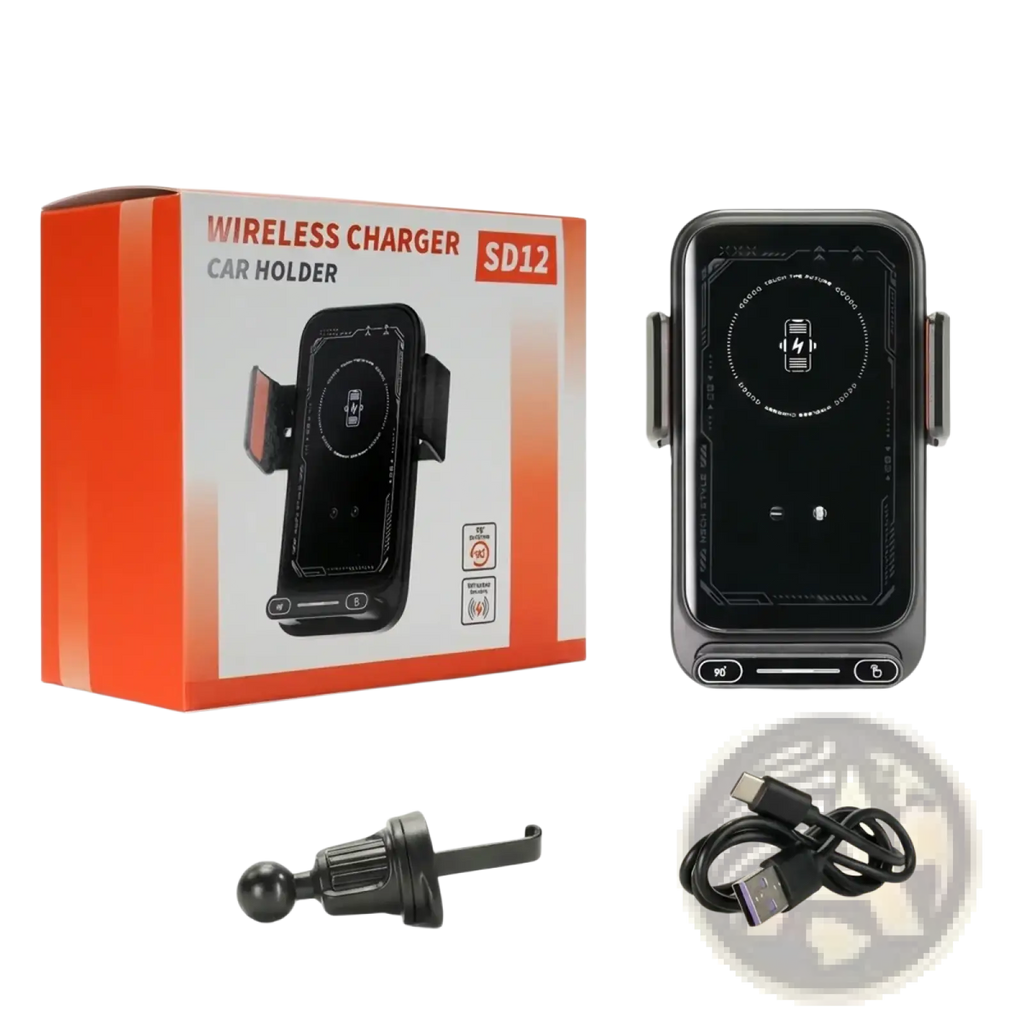 Black wireless car phone charger 15w mount with sleek modern design and built-in display screen for hands-free charging
