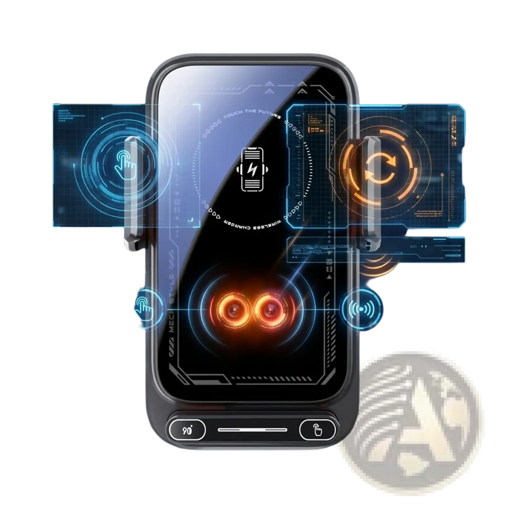 A sleek black wireless car phone charger 15w mount with a glossy finish and a smartphone displaying futuristic orange accents