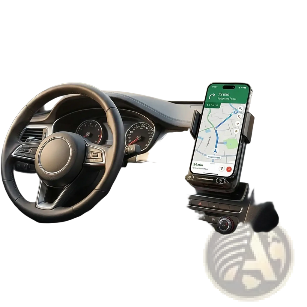 Black wireless car phone charger 15w mount holding a smartphone displaying navigation on a car dashboard
