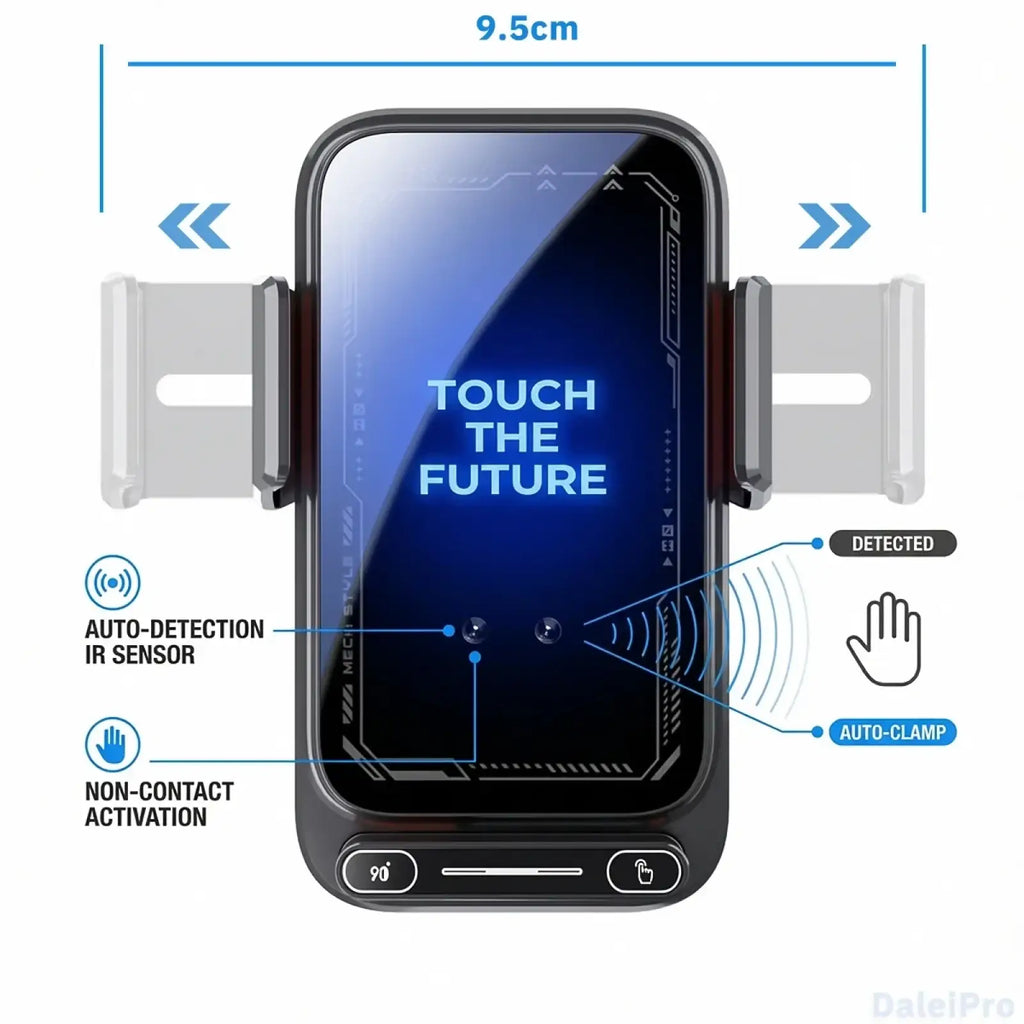 Black smartphone wireless car phone charger 15w mount with auto-detection ir sensor and hands-free non-contact activation