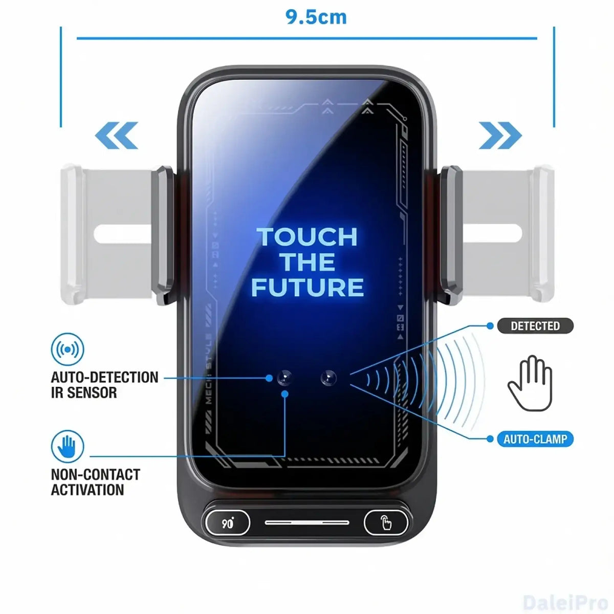 Black smartphone wireless car phone charger 15w mount with auto-detection ir sensor and hands-free non-contact activation