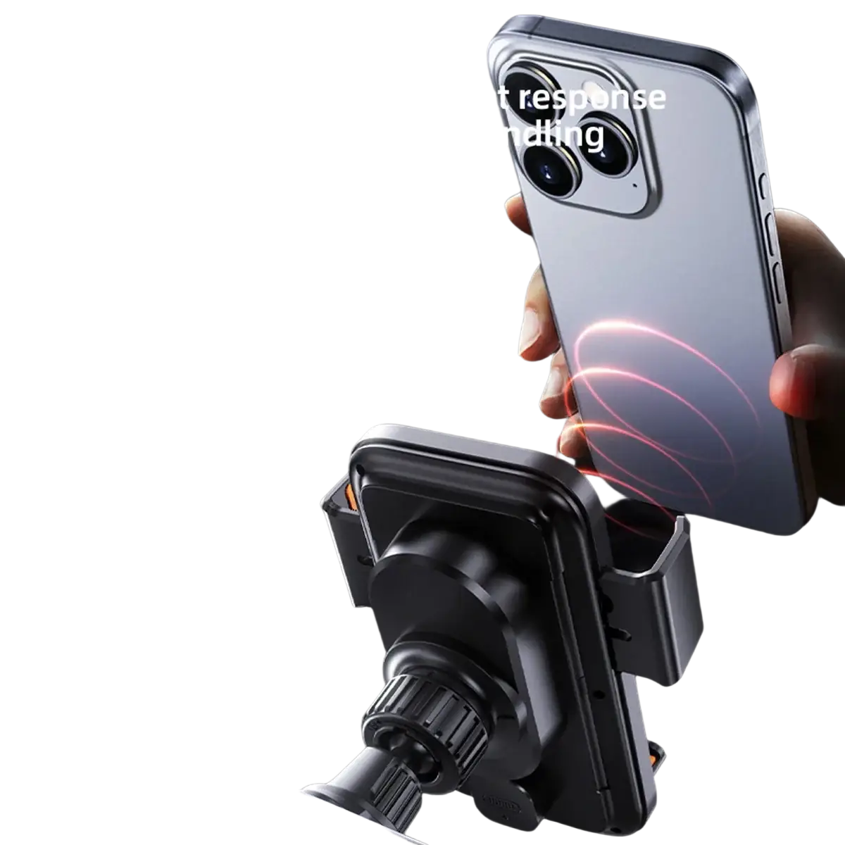 Silver iphone back with triple-camera system held above a black wireless car phone charger 15w mount