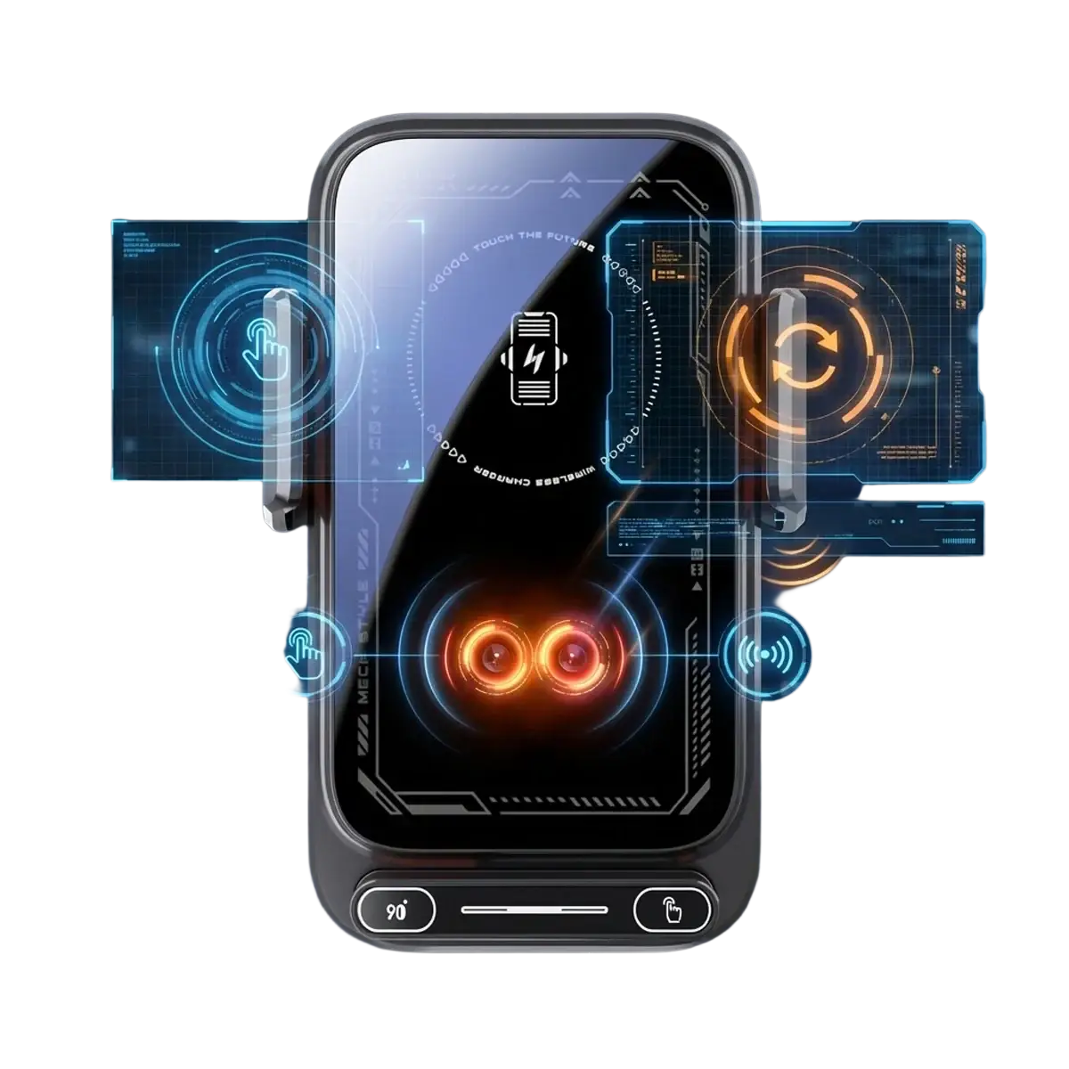 A sleek black wireless car phone charger 15w mount with a glossy finish and a smartphone displaying futuristic orange accents