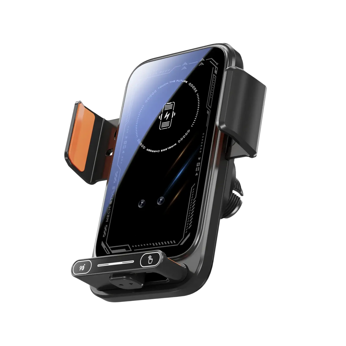 Black wireless car phone charger mount 15w with sleek modern design and orange accent on clip for hands-free use