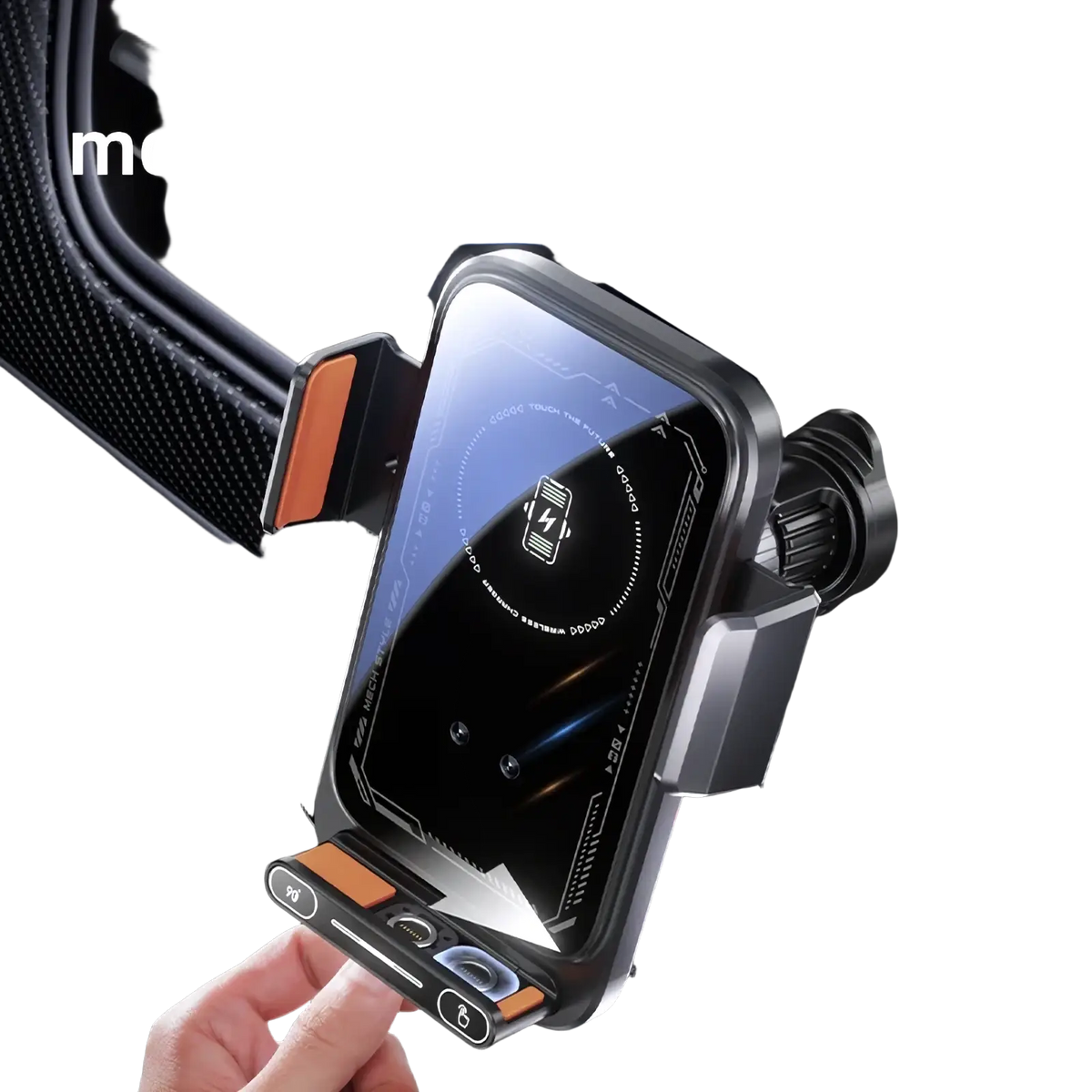 Black and orange magnetic wireless car phone charger mount with rotating charging port for hands free use