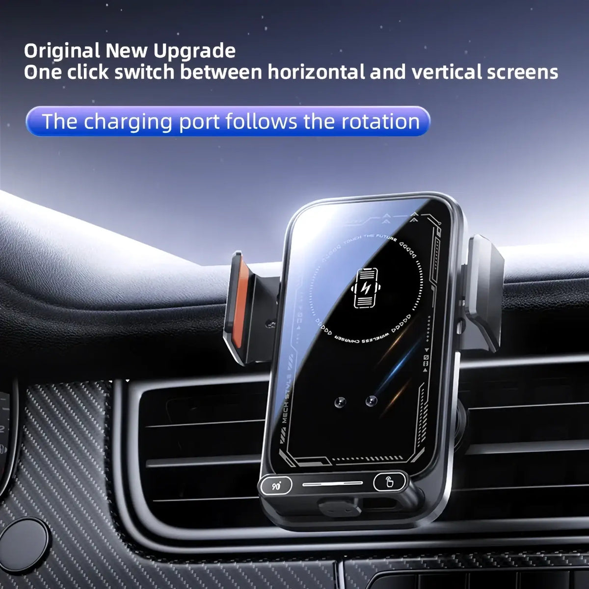 Black wireless car phone charger mount 15w with magnetic clamps and sleek futuristic design for horizontal and vertical use