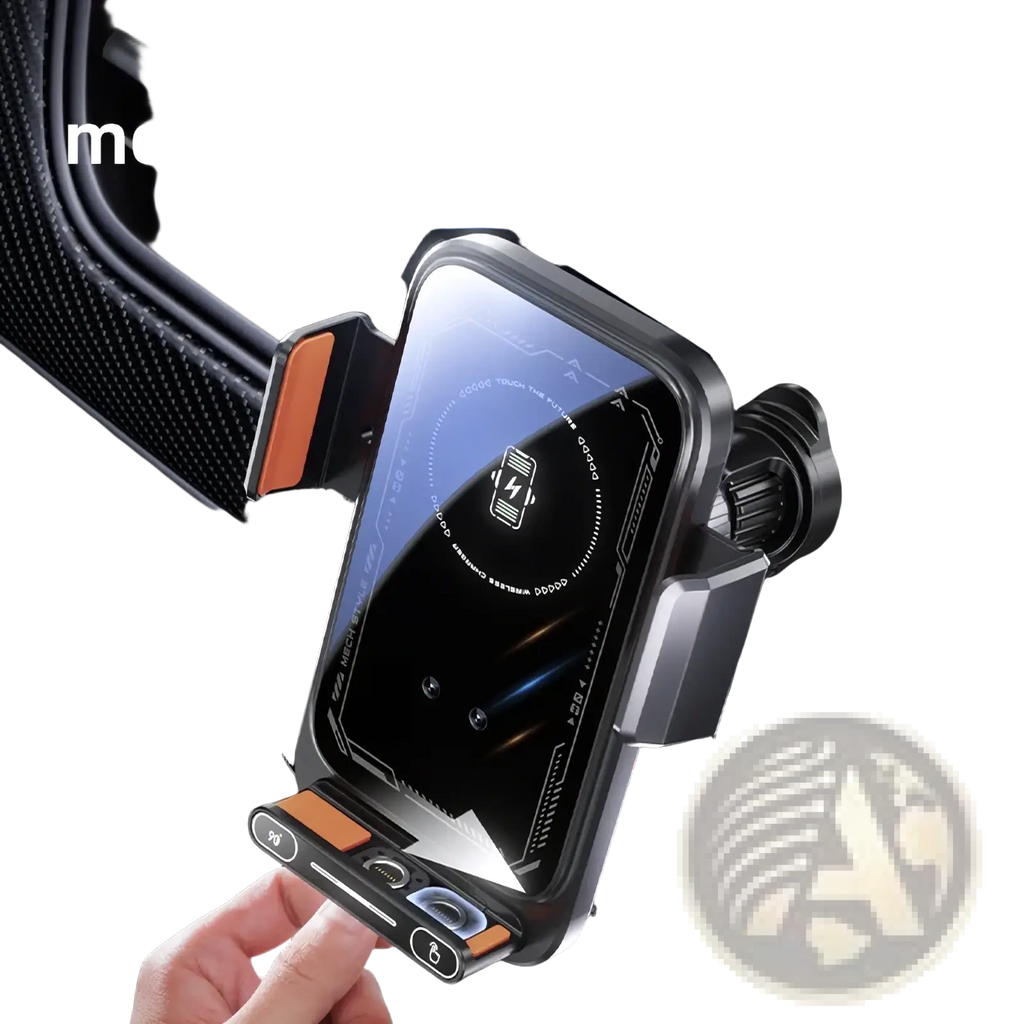 Black and orange magnetic wireless car phone charger mount with rotating charging port for hands free use