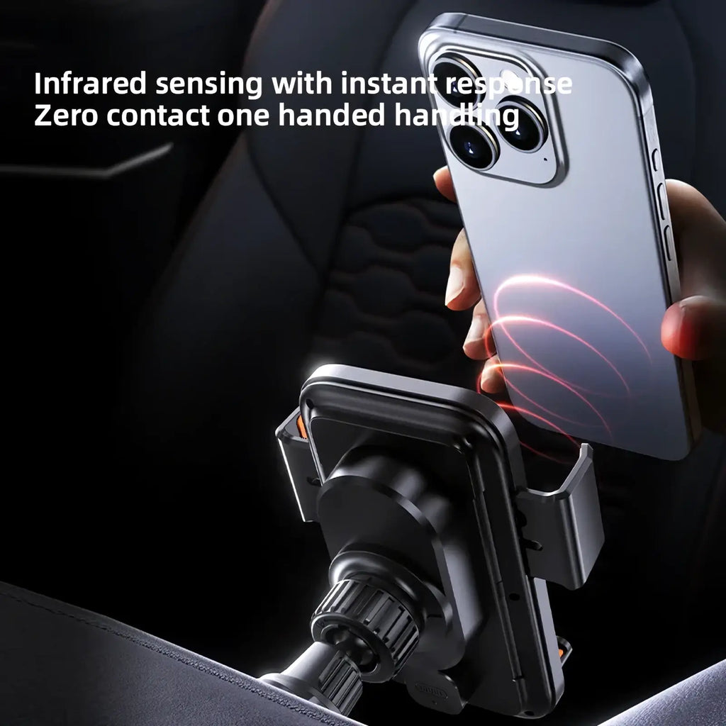 Silver iphone with triple camera held above black wireless car phone charger mount 15w showing the back side