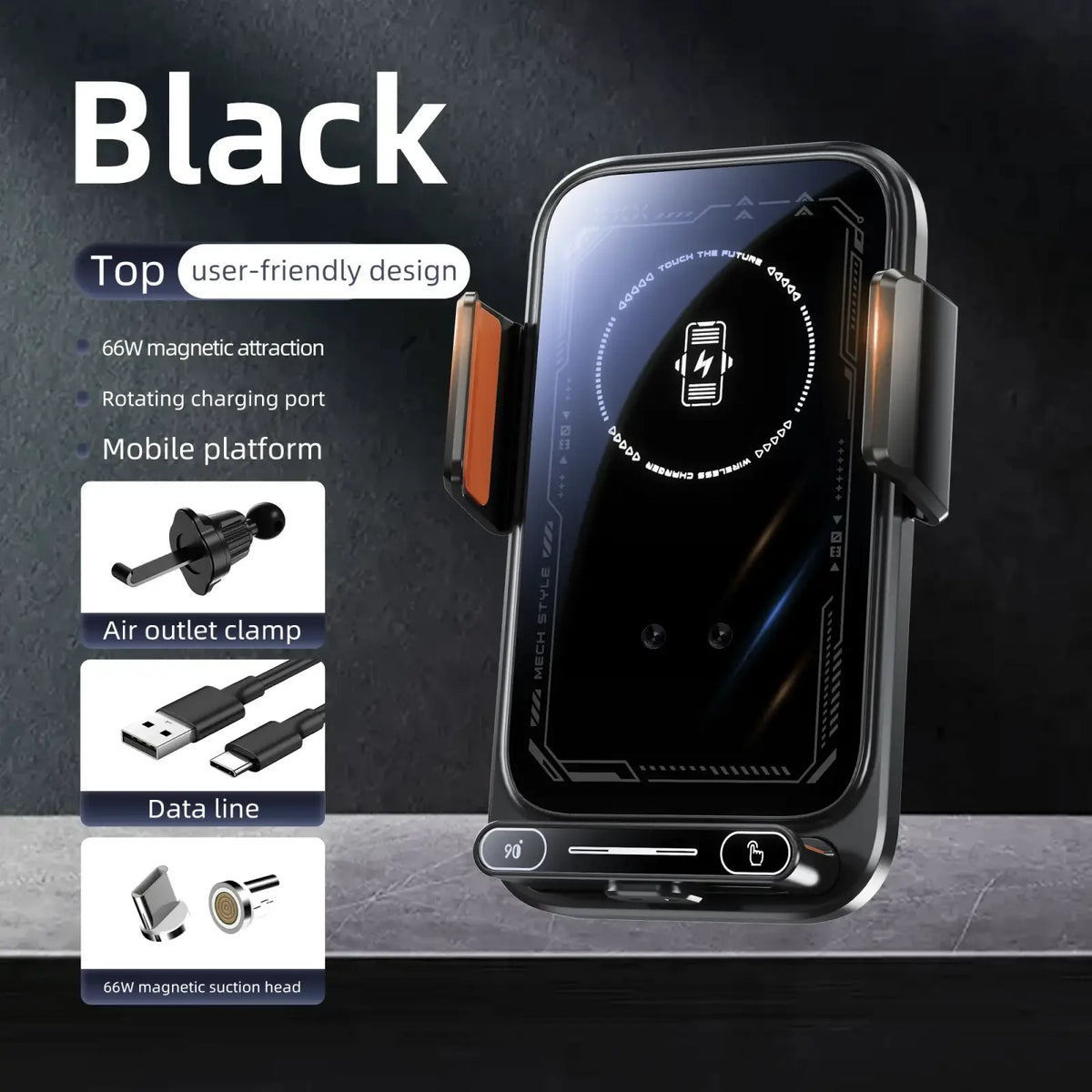 Black wireless car phone charger mount 15w with sleek futuristic design and magnetic suction head for secure holding