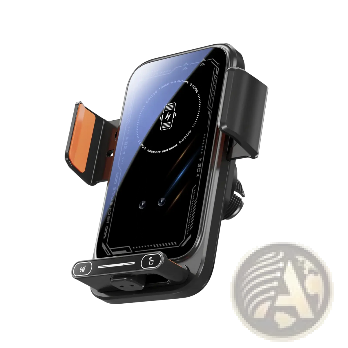Black wireless car phone charger mount 15w with sleek modern design and orange accent on clip for hands-free use