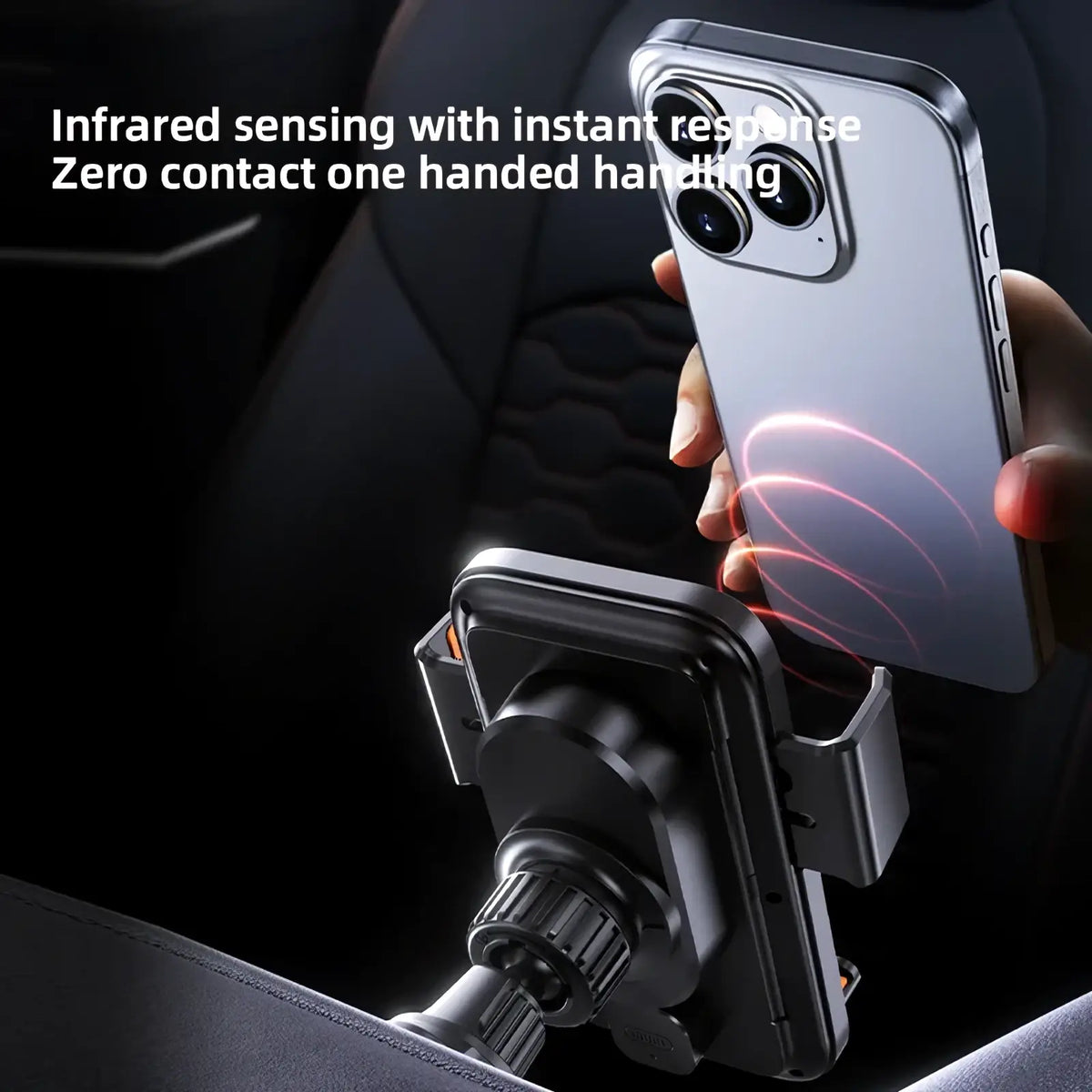 Silver iphone with triple camera held above black wireless car phone charger mount 15w showing the back side