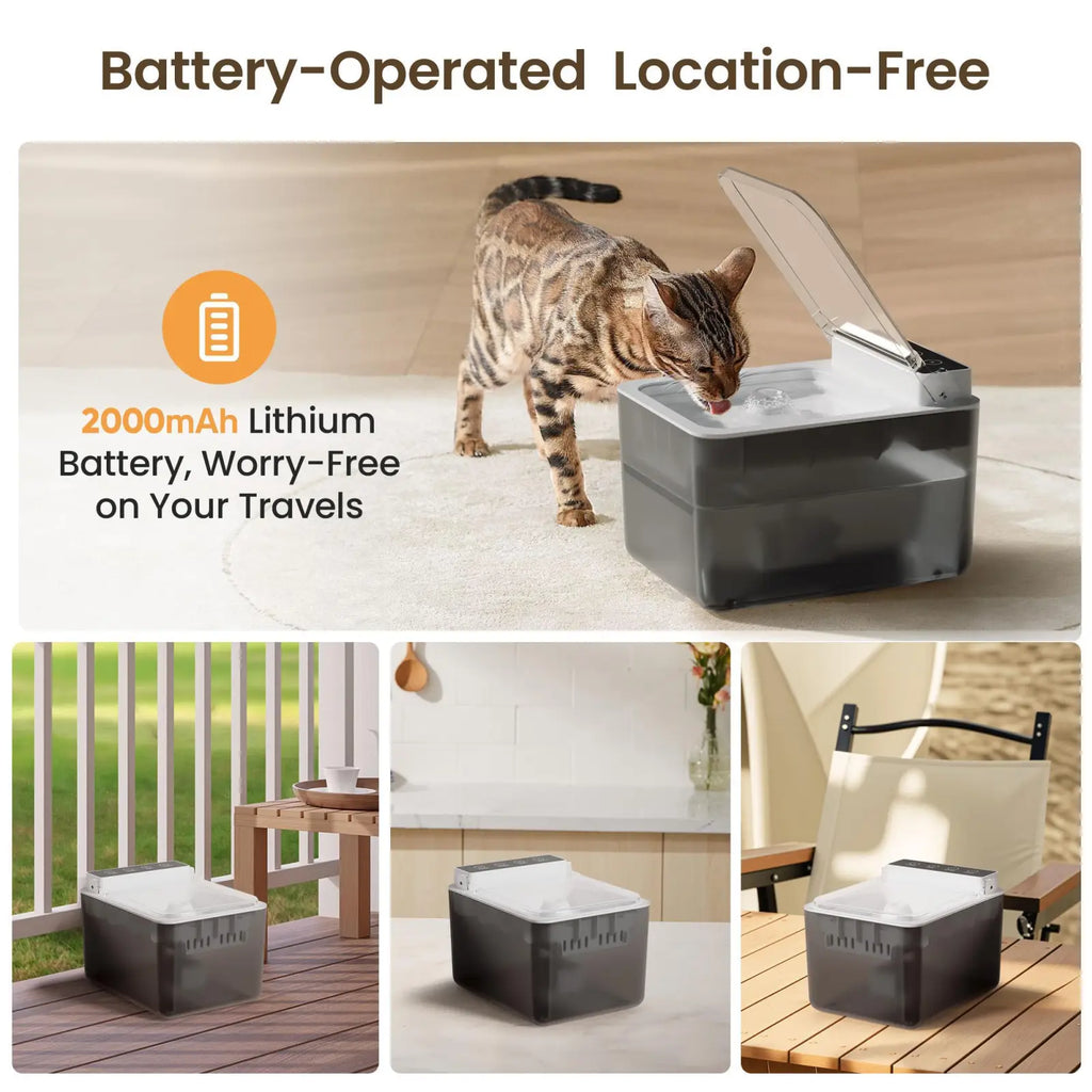 Gray and white wireless cat water fountain with hinged lid 3l capacity stainless steel battery operated design