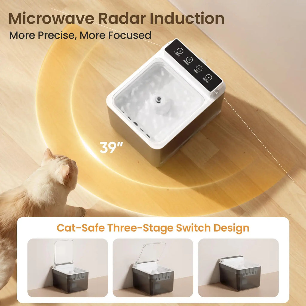 White and silver wireless cat water fountain with microwave radar induction and stainless steel 3l capacity design