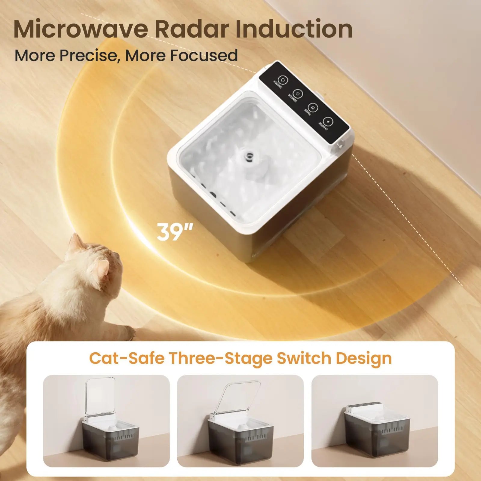 White and silver wireless cat water fountain with microwave radar induction and stainless steel 3l capacity design