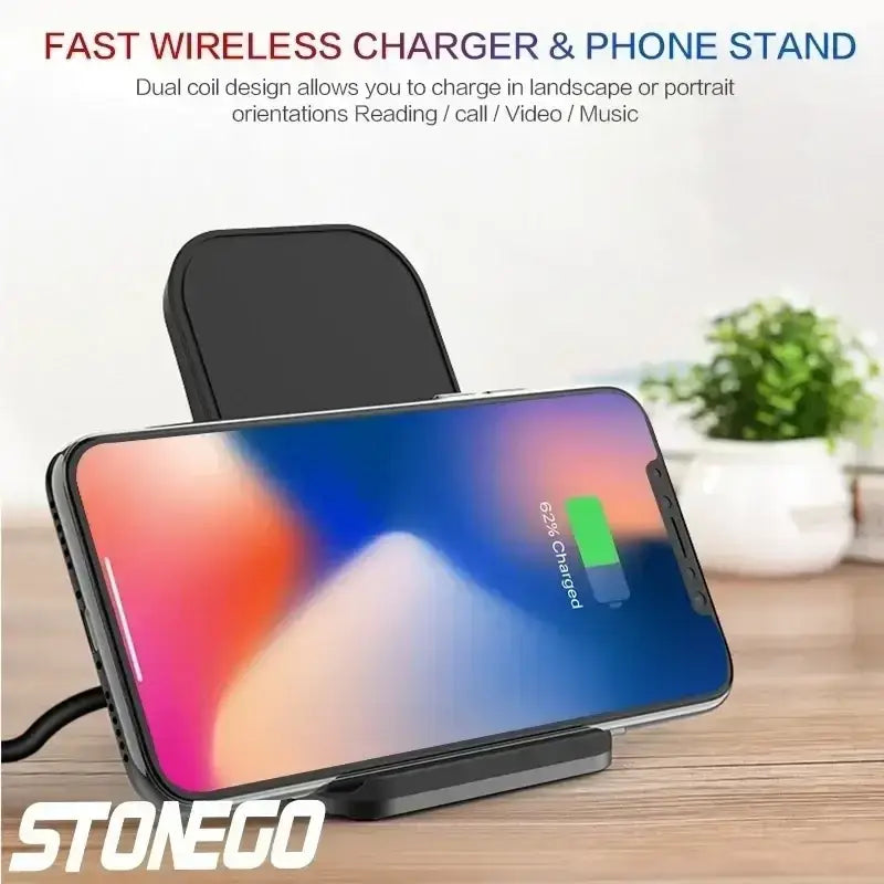 Black wireless charger 10w fast charging stand with phone holder and dual coil design for efficient 10w output power