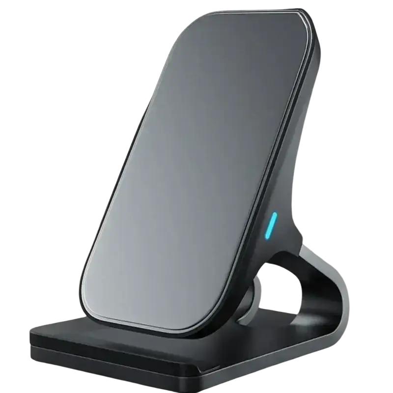 Black wireless charger stand with sleek minimalist design and subtle blue led indicator light offering 10w output power
