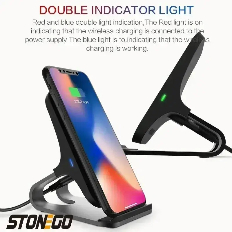 Black wireless charger fast charging stand with 10w output power and double indicator lights for charging status