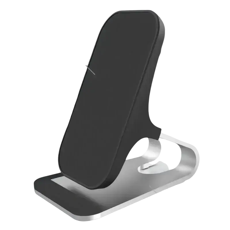 Black wireless charger with sleek minimalist design and silver metallic base featuring 10w output power fast charging stand