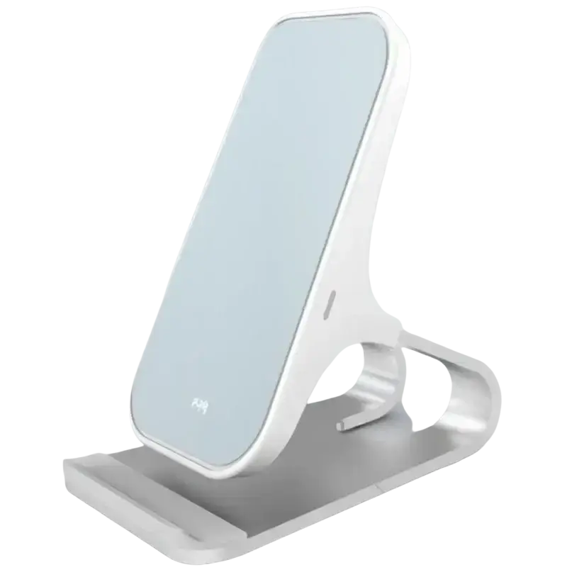 White wireless charger with 10w output power, sleek minimalist design, and smooth plastic finish for fast charging stand