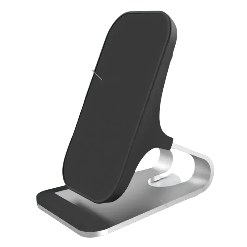 Black magnetic wireless charger stand with 10w output power and silver metallic base for fast charging