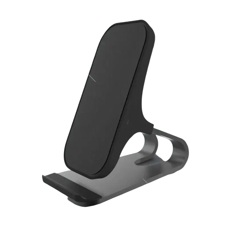 Black magnetic wireless charger stand with sleek silver metallic base and 10w output power for fast charging