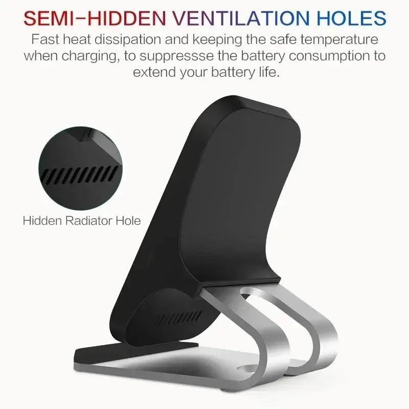 Black and silver wireless charger stand with sleek curved design and semi-hidden ventilation holes for 10w output power