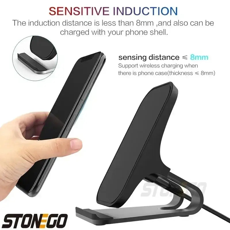 Black stonego wireless charger stand with sleek minimalist design and magnetic base for secure phone placement 10w output