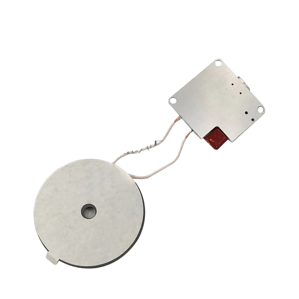 Silver circular coil with rectangular metal housing and red component connected by wires for 15w fast charging wireless charger with 12v input