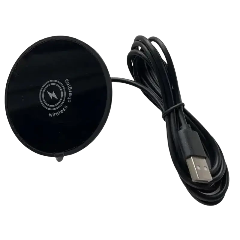 Black circular wireless charger 15w magnetic with glossy finish and attached usb cable for fast desktop charging