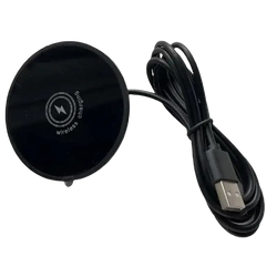 Black circular wireless charger 15w magnetic with glossy finish and attached usb cable for fast desktop charging