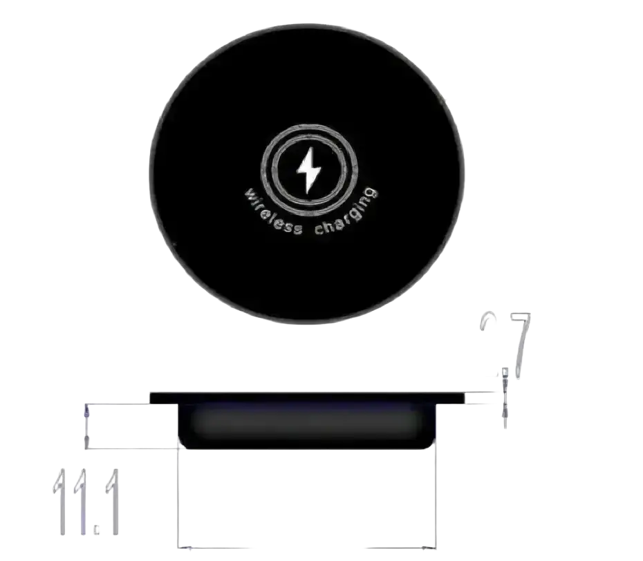 Black circular wireless charger 15w magnetic desktop fast charging pad with white lightning bolt and wireless charging text