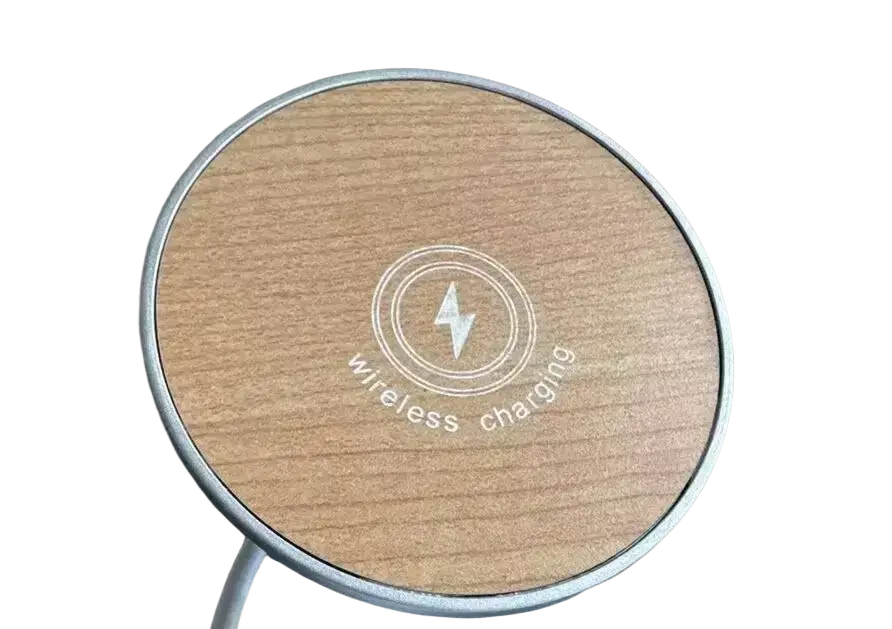 Circular wooden wireless charger with silver metallic rim and engraved wireless charging text 15w magnetic wireless charger