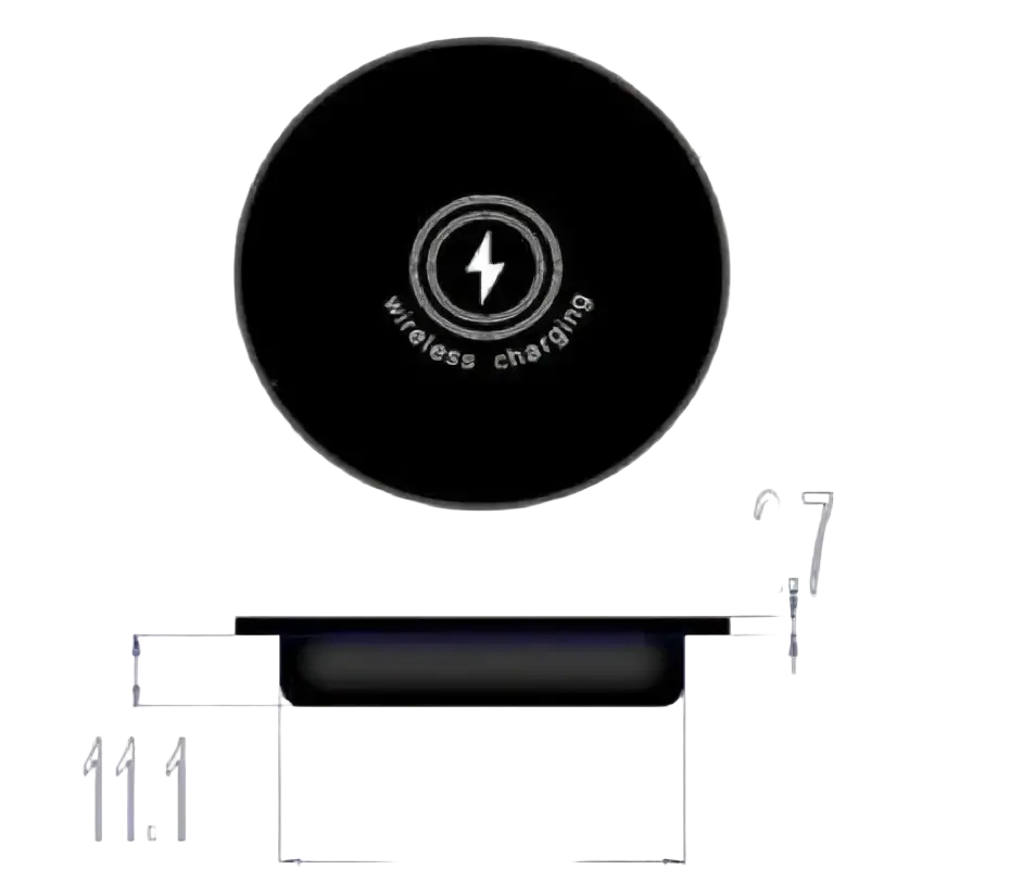 Black circular wireless charger with matte finish and lightning bolt logo for 15w magnetic desktop fast charging