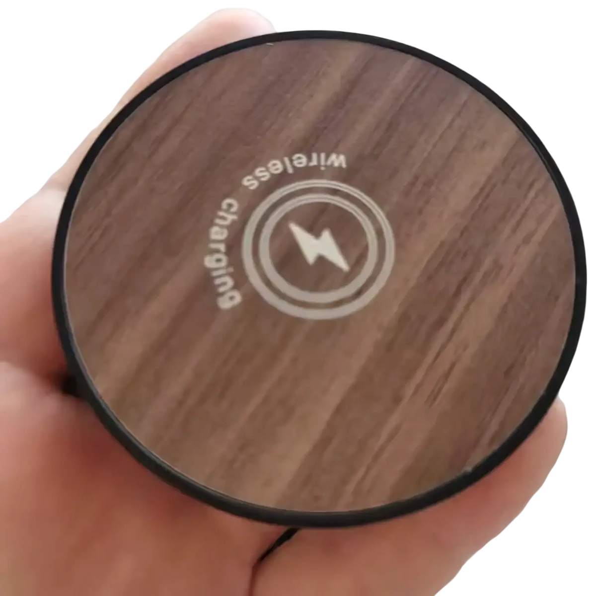 Wireless chargers wireless charger 15w magnetic desktop fast charging pad with dark brown wood grain and engraved lightning bolt